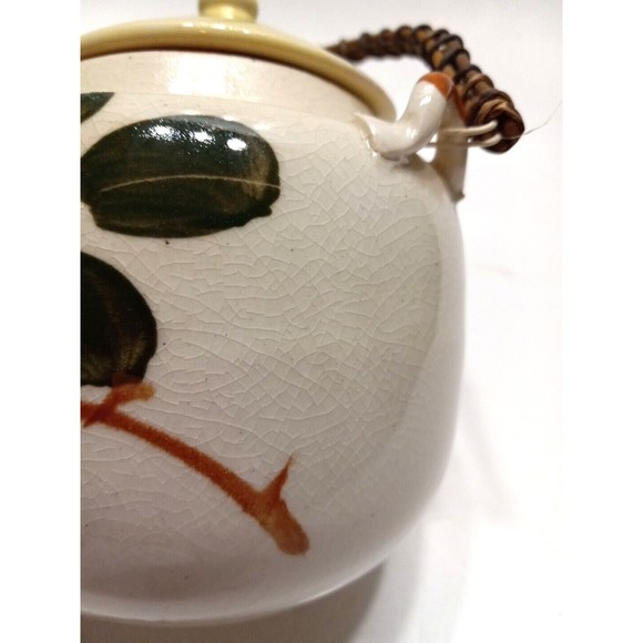 Vintage Stoneware Tea Pot Bamboo Handle Japan Blue Flowers Green Leaves - Picture 2 of 11